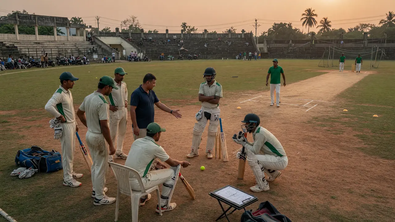 Cricket fielders and a bowler set in a tactical field during a professional match under natural daylight