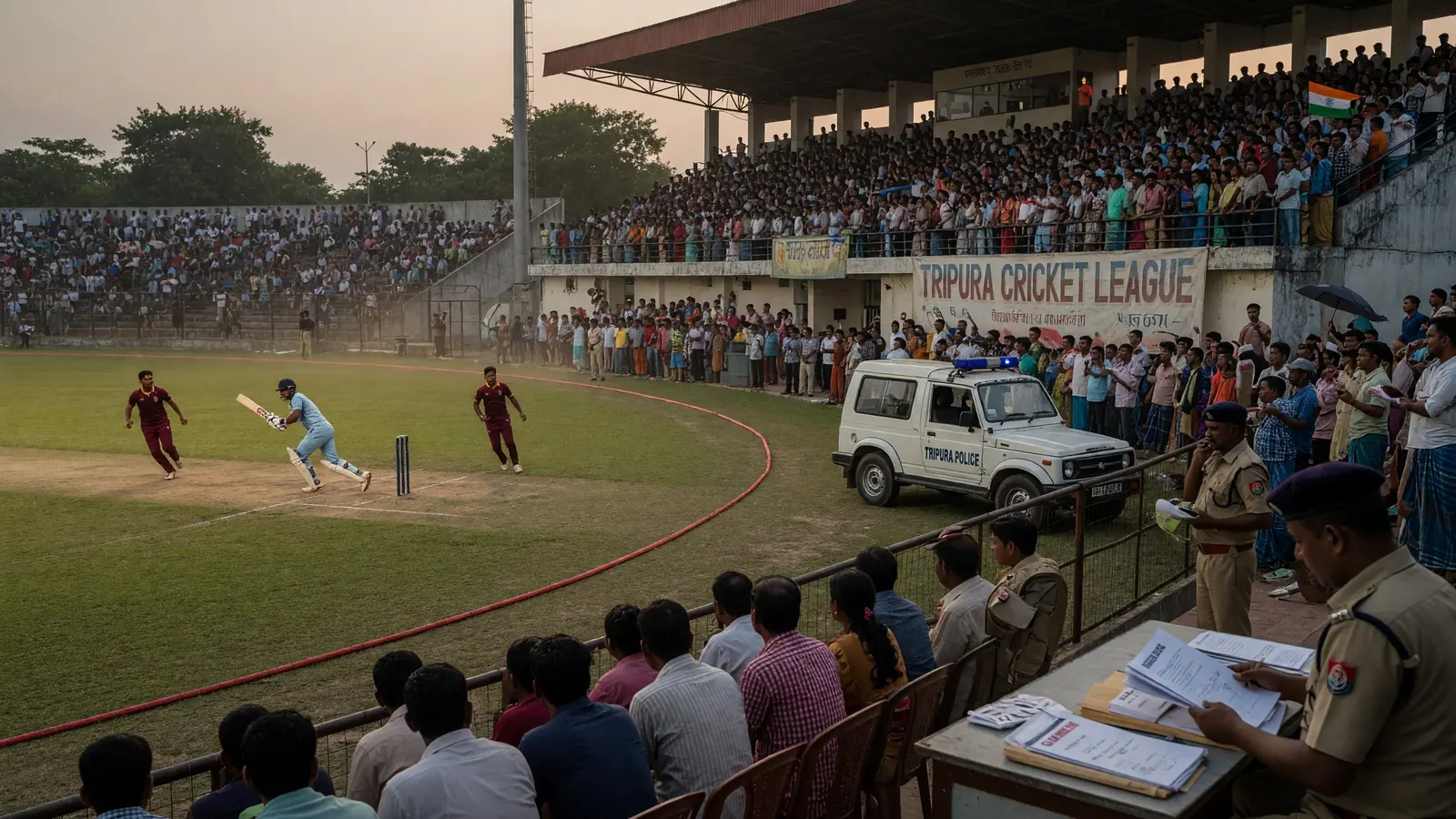 Wide night view of a packed cricket stadium with floodlights and a green outfield during a professional match