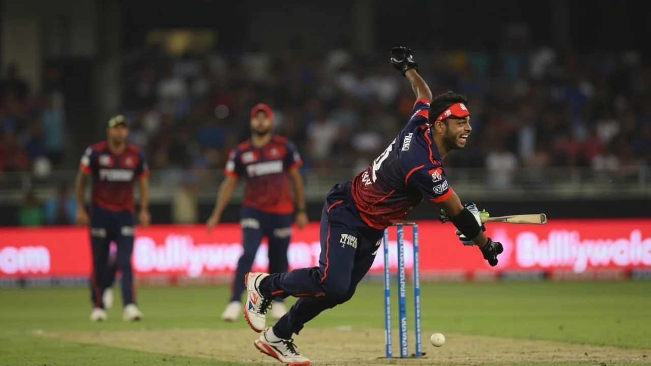 A frontline fast bowler in a coloured kit delivers a short ball during a Delhi Premier League powerplay with fielders set in catching positions