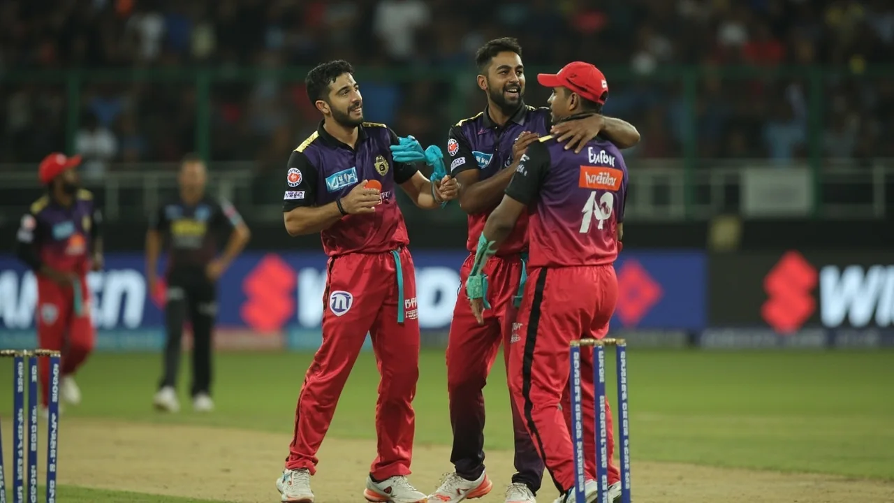 A captain and wicket-keeper confer near the stumps during a tactical timeout at a Delhi Premier League match with fielders spread across the ring